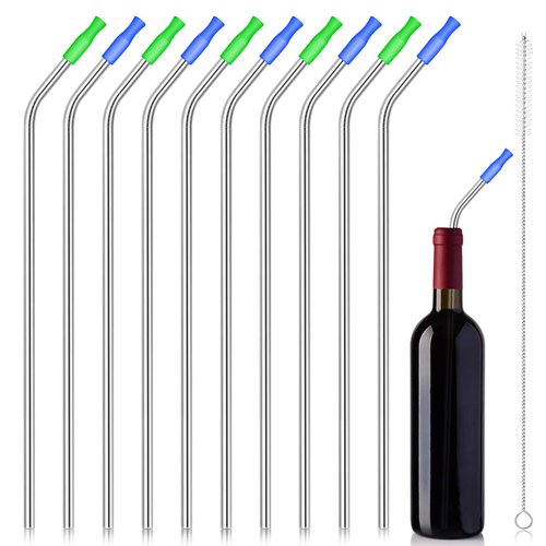 10 Pieces 14 Inch Stainless Steel Straw 100 oz Drinking Straw with 10 Silicone Tips and 1 Cleaning Brush for Wide Insulated Travel Mug, Travel Foam Mug (Silver)