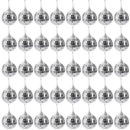 Suwimut 40 Pack Mirror Disco Ball, 2 Inch Silver Hanging Disco Light Mirror Ball with Attached String for Party Wedding Home Decoration, Stage Props, Christmas Xmas Tree Ornament