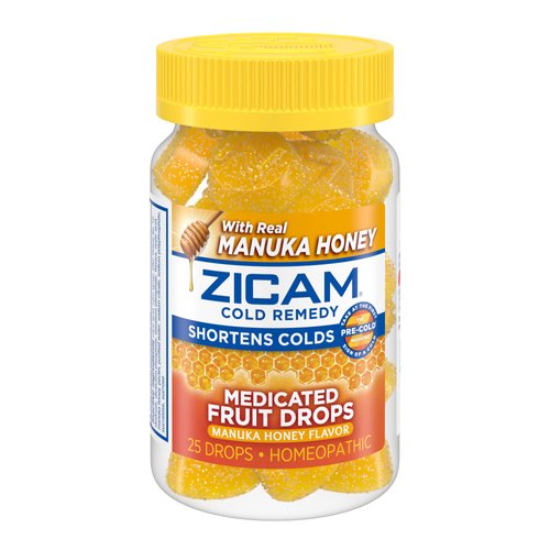 Zicam Cold Remedy Zinc Medicated Fruit Drops, Manuka Honey Flavor, Homeopathic, Cold Shortening Medicine, Shortens Cold Duration, 25 Count
