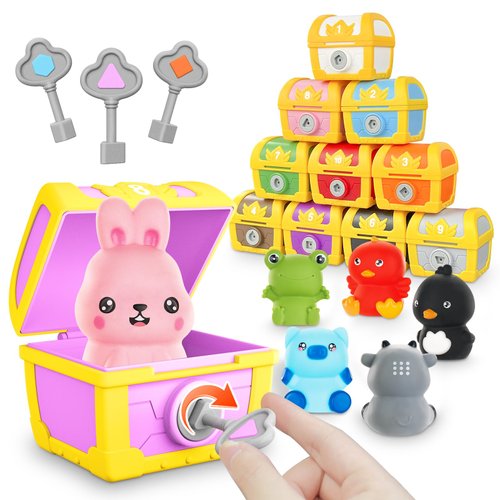 Learning Toys for Toddlers, 10pcs Farm Animals Toys Finger Puppets Treasure Chests with Keys, Number Counting Matching Color Sorting Game, Montessori Preschool Fine Motor Skill Toys for 3 4 5 Year Old