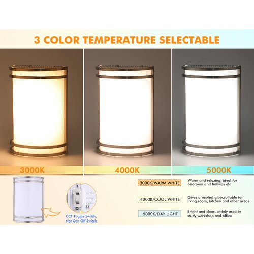 CLOUDY BAY LED 3 Color Wall Sconce, Wall Lighting,3000K/4000K/5000K Color Temperature Adjustable Wall Mount Light Fixture, 15W 120V Dimmable CRI 90+ LED Wall Light,Brushed Nickel