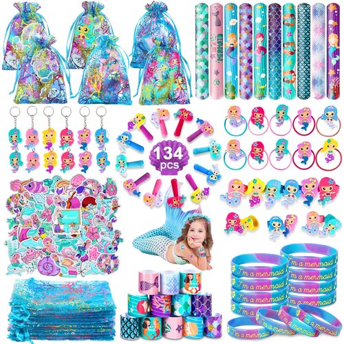 Eunvabir 134Pcs Mermaid Party Favors for Kids, Mermaid Birthday Party Decorations Toys for Girls, Goodie Bag Pinata Gifts for Classroom Prizes