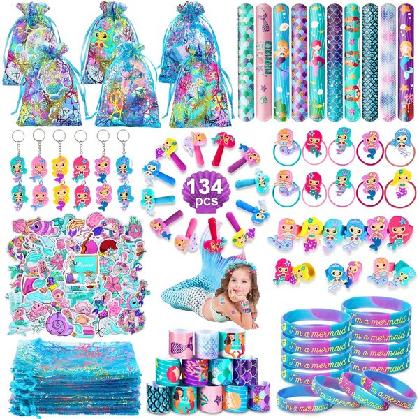 Eunvabir 134Pcs Mermaid Party Favors for Kids, Mermaid Birthday Party Decorations Toys for Girls, Goodie Bag Pinata Gifts for Classroom Prizes