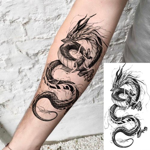 TASROI 8 Sheets Cool Dragon Temporary Tattoos For Men Women Adults, Black Realistic Dragon Tattoo Sticker Half Arm Sleeve, Waterproof Tribal Totem Fake Tattoos That Look Real and Long Lasting Set Kit