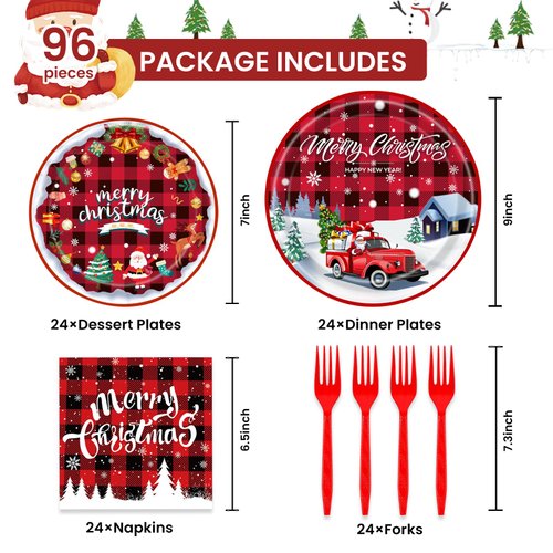 96PCS Christmas Paper Plates and Napkins Party Supplies, Buffalo Plaid Christmas Tree Tableware Set Disposable Paper Plates Napkins Forks for Christmas Party Decorations 24 Guests (Christmas)