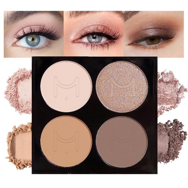 Eyeshadow Quads, Blendable Matte, 4 Bright Nude Champagne Gold Light Dark Brown Eyeshadow, Metallic and Shimmer Finishes, Velvety Pigmented Creamy Formula, Quad Eye Shadow Palette A Built-In Mirror