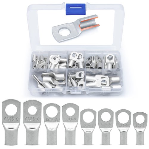 Wirefy 60 PCS Tinned Copper Wire Lugs Kit - Battery Lugs - Crimp Battery Cable Ends - Ring Terminals - 10-4 Gauge