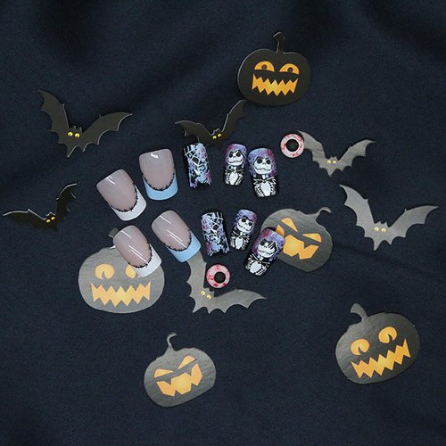Halloween Fake Nails Medium Square MABKJLF French Press on Nails White Spider Web Full Cover Nightmare Before Christmas Nails Glossy False Nails Artificial Acrylic Nails for Women Girls 24 Pcs