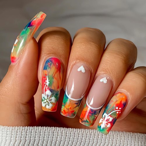 Long Coffin Press on Nails Colorful Fake Nails with Flower Designs Summer Acrylic False Nails Cute White Flowers Press on Nails Glossy Stick on Nails Reusable Artificial Nails for Women Girls - 24Pcs