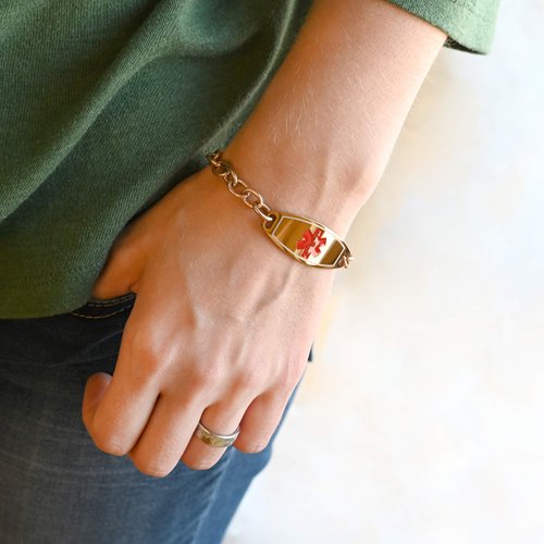 My Identity Doctor Medical Alert Bracelet for Women, Custom Engraved Medic ID, Rose Gold Tone Steel 6mm O-Link Chain, Red, Free ID Card | Made in USA - WRIST SIZE 7.5 inch