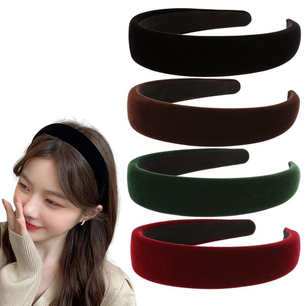 ZLSPTK 4Pcs Velvet Wide Headbands for Women Soft Headbands No Slip Headband Fashion Black Red, Brown and Green Headband Thin Hair Accessories for Women Girls Christmas Gifts