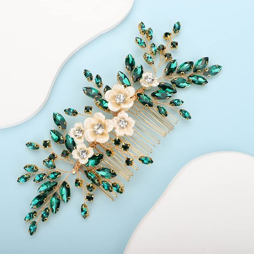 BERYUAN Bridal White Flower Green Crystal Rhinestone Hair Comb for Bride Bridesmaid Sliding side Headpieces Wedding Hair Accessories for Women and Girls (Green)
