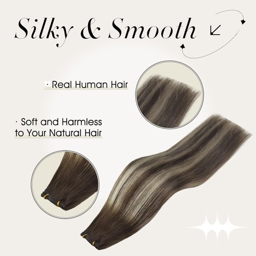 Full Shine Sew In Hair Extensions Hand Tied Weft Hair Extensions Human Hair Genius Weft Extensions Darkest Brown To Platinum Blonde Mix Darkest Brown Human Hair Weft Real Hair Extensions 60G 20 Inch