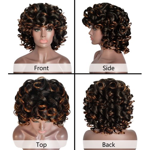 ELIM Curly Wigs for Black Women Mixed Brown Short Kinky Curly Wigs for Women Big Curly Afro Soft Wig with Bangs Heat Resistant Natural Cute Synthetic Wig with Accessories Z014BB