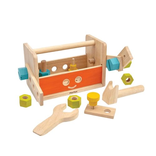 PlanToys Wooden Transforming Robot Tool Box with Wrench, Nuts & Bolts, Wooden Planks, and Shapes| Sustainably Made from Rubberwood and Non-Toxic Paints and Dyes