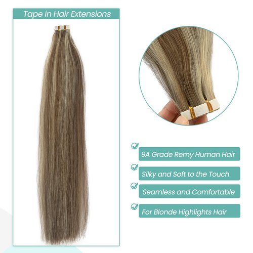 Tape in Hair Extensions Human Hair Blonde Highlights Remy Tape in Extensions 14 Inch Seamless Tape Extensions Real Human Hair Ash Brown Mixed Platinum Blonde Tape ins Hair 50g 20pcs
