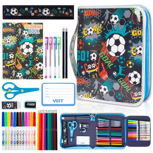 Soccer Markers Set with Glitter Pencil Case & Stationery, Art Supplies for Kids Ages 4-6-8, Arts Crafts Travel Coloring Kit for Boys 4 5 6 7 8 Year Old Christmas Birthday Gift