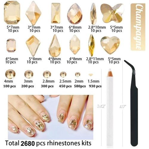 2680Pcs Champagne Gold Nails Rhinestones, 120Pcs Big Golden Nail Charms, Diamond Gems Stones with K9 Bling Flatback Round Beads, Clear Glass Crystal Jewelry for Nails Faces Eyes Makeup Decoration