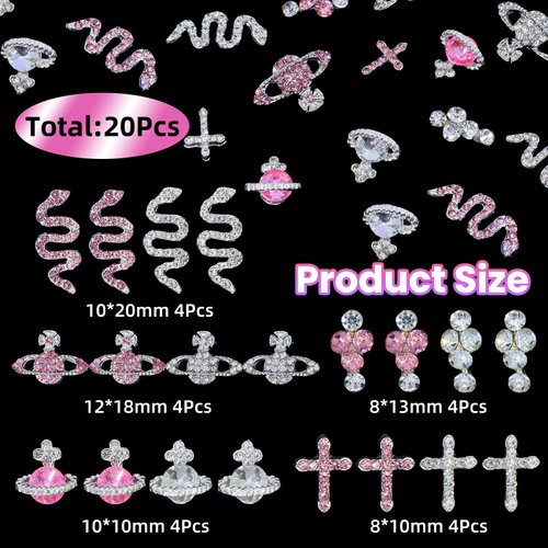 320Pcs 10Styles 3D Nail Gems and Assorted Acrylic+Nail Art Charms, Silver Pink Snake Planet Cross Nail Diamond Charms, Multi Color Butterfly Flowers Acrylic Charms for Nails, Nail Art DIY Accessories