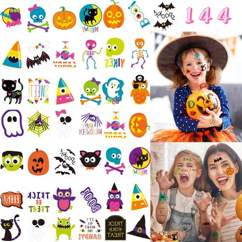 144 Pcs Halloween Temporary Tattoos for Kids, 72 Cute Designs Colorful Waterproof Halloween Cartoon Pumpkin Tattoo Stickers for Boys Girls, Halloween Trick or Treat Party Favors