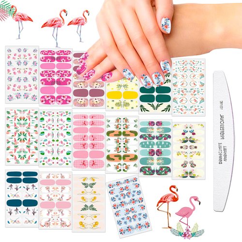 JERCLITY 16 Sheets Flower Nail Polish Strips Spring Nail Wraps with Nail File Self-Adhesive Flamingo Flower Bird Nail Stickers Full Nail Wraps for Women Kids Nail Strips Manicure Kit for DIY Nail Art