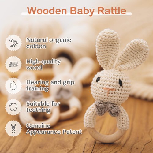 Baby Rattle Toys for Babies 0-6 Months Bunny Wooden Rattle for Baby Handmade Crochet Wooden Baby Rattle Organic Wooden Baby Toys Baby Stuffed Animals for Newborn
