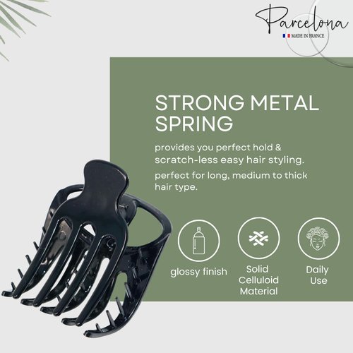 Parcelona French Curvy Oval Paw Black 3” Cellulose Acetate Side Slide In Scoop Jaw Hair Claw Clip Clutcher for Women and Girls (Black)