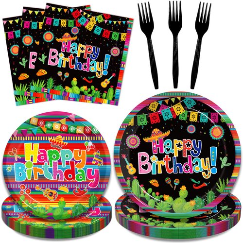 Kepeel 96 Pcs Mexican Birthday Party Plates, Fiesta Party Decorations Supplies Cinco De Mayo Carnival Birthday Party Paper Plates Napkins Colorful Stripe Serape Baby Shower Tableware, Serves 24