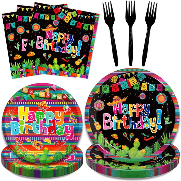 Kepeel 96 Pcs Mexican Birthday Party Plates, Fiesta Party Decorations Supplies Cinco De Mayo Carnival Birthday Party Paper Plates Napkins Colorful Stripe Serape Baby Shower Tableware, Serves 24