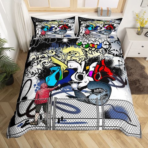 Erosebridal Hip Hop Décor Duvet Cover Full Size Colorful Bedspreads Cover Graffiti Pattern Quilt Cover Street Culture Theme Decor Bedding Set Graffiti Pattern Decor Quilt Cover for Adult Kids Teens