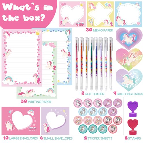 98Pcs Unicorn Stationary Set - Gifts for 6,7,8,9,10 Year Old Girl, Girls Stationery Set for Kids, Letter Writing Art Kit, Preteen Girls Craft Toys 8-10 Present - Birthday Gift for Girls