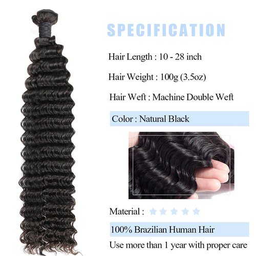 Lianlian Deep Wave Bundles Human Hair Weave single Bundles Deep Curly Brazilian Virgin Hair Wet And Wavy Bundle 12A Grade Unprocessed Human Hair Extensions 22Inch Natural Black Color