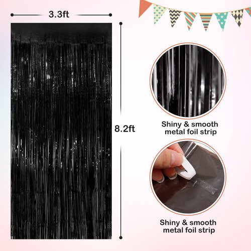 Black Metallic Tinsel Foil Fringe Curtains, 4 Pack 3.3x8.3 Feet Party Streamer Curtains for Birthday Party Decorations, Halloween Decor, Foil Curtain Backdrop for Bachelorette Party