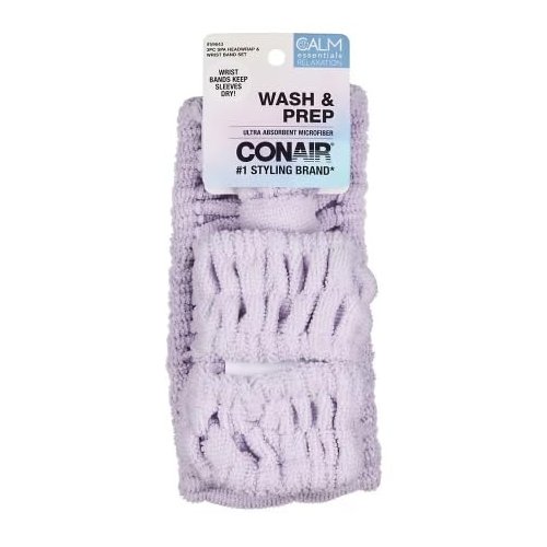 Conair Face Wash, Wash & Prep Ultra Absorbent Microfiber 3 PC Spa Headwrap & Wrist Band Set, Lghit Purple