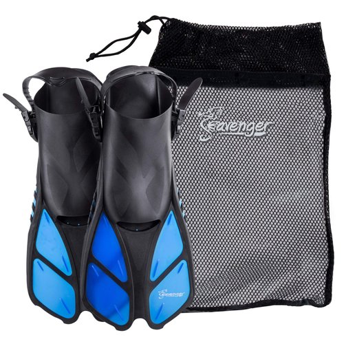 Seavenger Torpedo Swim Fins | Travel Size | Snorkeling Flippers with Mesh Bag for Women, Men and Kids (Blue, S/M)
