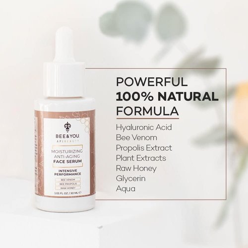 BEE and YOU Anti Aging, Anti Wrinkle Face Cream Serum, Dark Spot Remover, Moisturizer, Pore Minimizer Skin Care, Bee Propolis Extract, Raw Honey, Bee Venom and Hyaluronic Acid, 1.0 fl. Oz