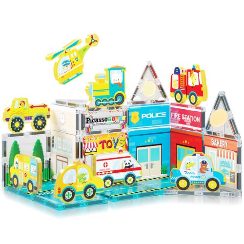 PicassoTiles Magnet Tile Building Blocks Metro City Themed Playset with 8 Character Action Figures Magnetic Tiles STEM Learning Early Education Toy Construction Set Toddlers Boys Girls Ages 3+ PTQ24