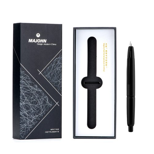 erofa Majohn A1 Press Fountain Pen with Box, Retractable Extra Fine Nib Metal Matte Black Ink Pen with Converter for Writing