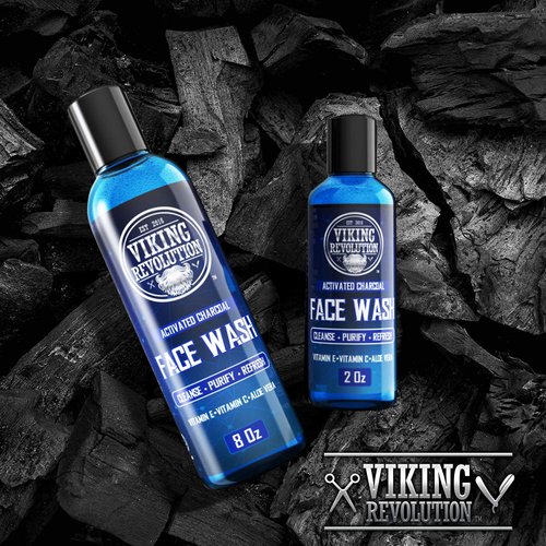 Viking Revolution Charcoal Face Wash for Men- Scrub Away Dirt and Toxins, Skin Cleaning Agent - Cleanse, Purify and Refresh - Daily Charcoal Facial Cleanser - 8 Fl Oz plus a 2 Fl Oz, 2 Piece Set