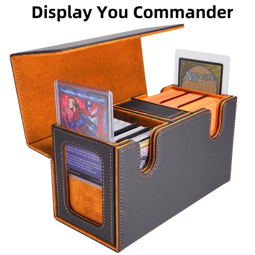AFIING MTG Commander Card Storage Box - Fits 200 Double Sleeved Cards,3-in-1Card Deck Case,Strong Magnet Card Organizer For Magic Commander TCG CCG,4Dividers &2 Toploaders, Black/orange