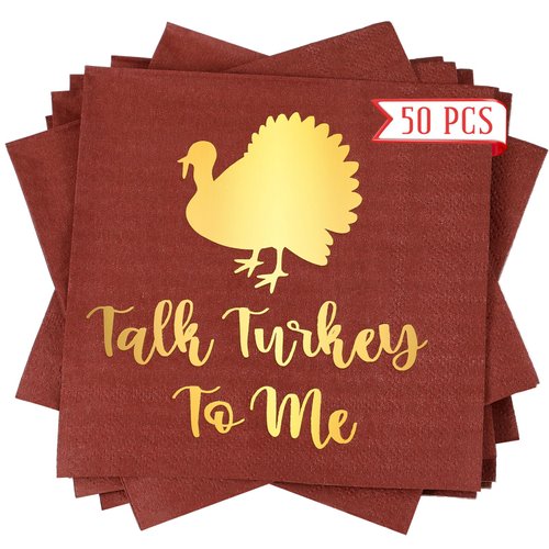 Geyoga 50 Pcs Thanksgiving Napkins 3 Ply Talk Turkey to Me Cocktail Paper Napkins Disposable Gold Foil Thanksgiving Dinner Napkins 5''x 5'' Harvest Napkins for Kitchen Bathroom Party Supplies Decor