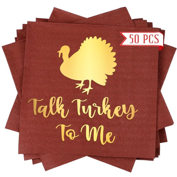 Geyoga 50 Pcs Thanksgiving Napkins 3 Ply Talk Turkey to Me Cocktail Paper Napkins Disposable Gold Foil Thanksgiving Dinner Napkins 5''x 5'' Harvest Napkins for Kitchen Bathroom Party Supplies Decor