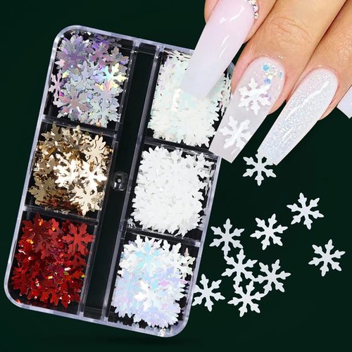 6 Grids Snowflake Nail Art Stickers Decals 3D Snowflake Nail Glitter Sequins Holographic Laser White Gold Silver Snowflake Nail Art Glitter Flakes Christmas Nail Sequins Winter Xmas Snow Nail Glitter