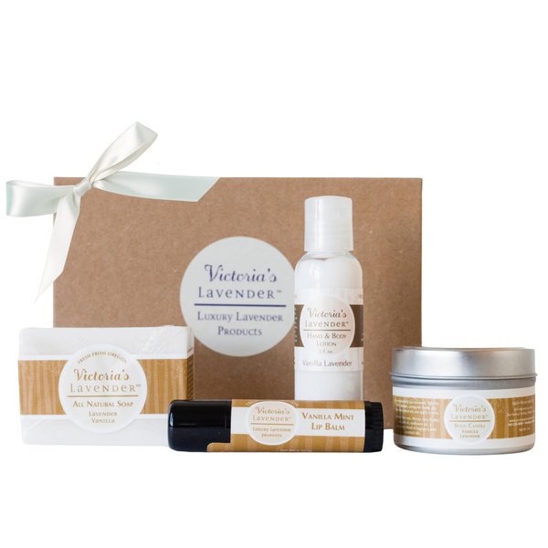 Victoria's Lavender Natural Body Products Gift Set - Handmade Soap, Hand & Body Lotion, Lip Balm, Body Candle Skin Care Sets & Kits, Lavender Bath and Body Products for Women, Vanilla Lavender