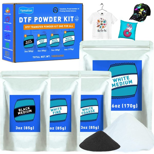 Yamation DTF Powder Kit, DTF Adhesive Powder Include Fine Medium Coarse, White Black DTF Transfer Powder Hot Melt Adhesive applies to All DTF Transfer Printers for Digital Prints on DTF Supply