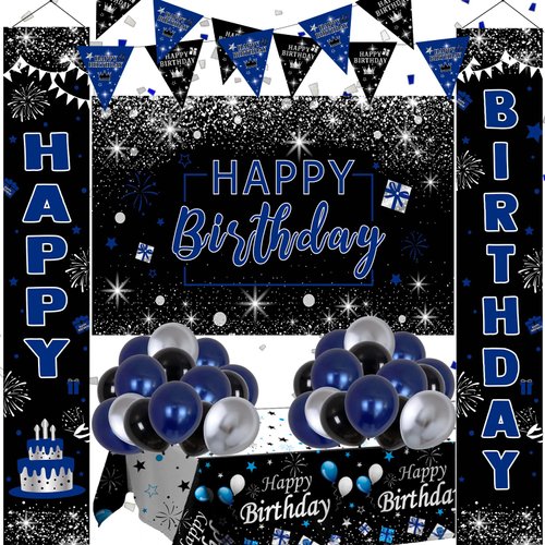 Black and Blue Birthday Decorations, Black Party Decorations for Boys Men Women Girls,Black and Blue Balloon Decorations for Birthday Party, Birthday Party Supplies with Happy Birthday Backdrop