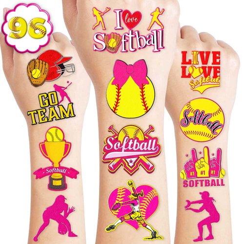 8 Sheets (96PCS) Softball Temporary Tattoos Sports Themed Birthday Party Decorations Favors Supplies Decor Stickers for Girls Boys Kids Gifts Classroom School Prizes Rewards
