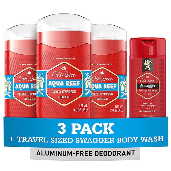 Old Spice Men's Deodorant Aluminum-Free Aqua Reef, 3.0oz Pack of 3 with Travel-Size Swagger Body Wash