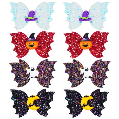 8Pcs Halloween Hair Accessories Headdress Witch Hat Hair Clip Pumpkin Hair Bow Ghost Hair Barrette Bat Moon Glitter Hair Bow Girls Party Dance Hair Barrettes Cartoon Hair Grips