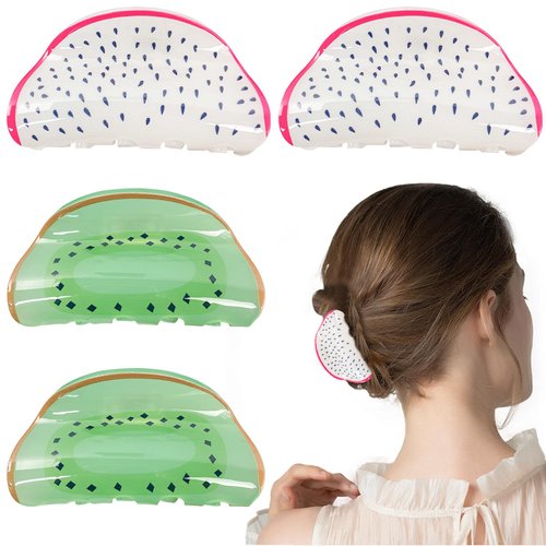 KuuGuu 4 PCS Fruit Print Hair Claws Clips Kiwifruit Pitaya Shape Hair Clips Cute Vivid Fashion Non Slip Hairpin Medium Hair Clamps Thick Hair for Long Curly Wavy Hair for Women Girls Hair Accessories